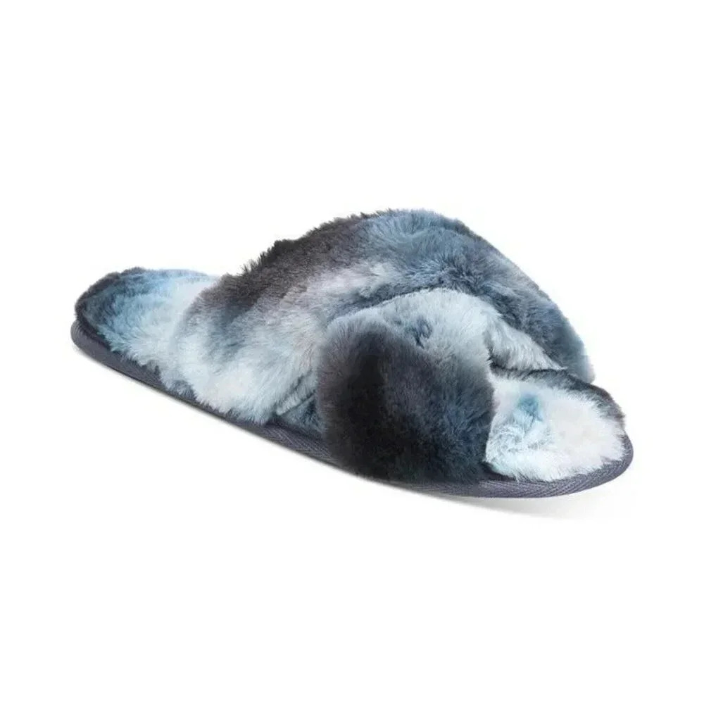 NWT Jenni Women's Crisscross Faux Fur Slippers Pinwheel Tie Dye Size S (5-6)